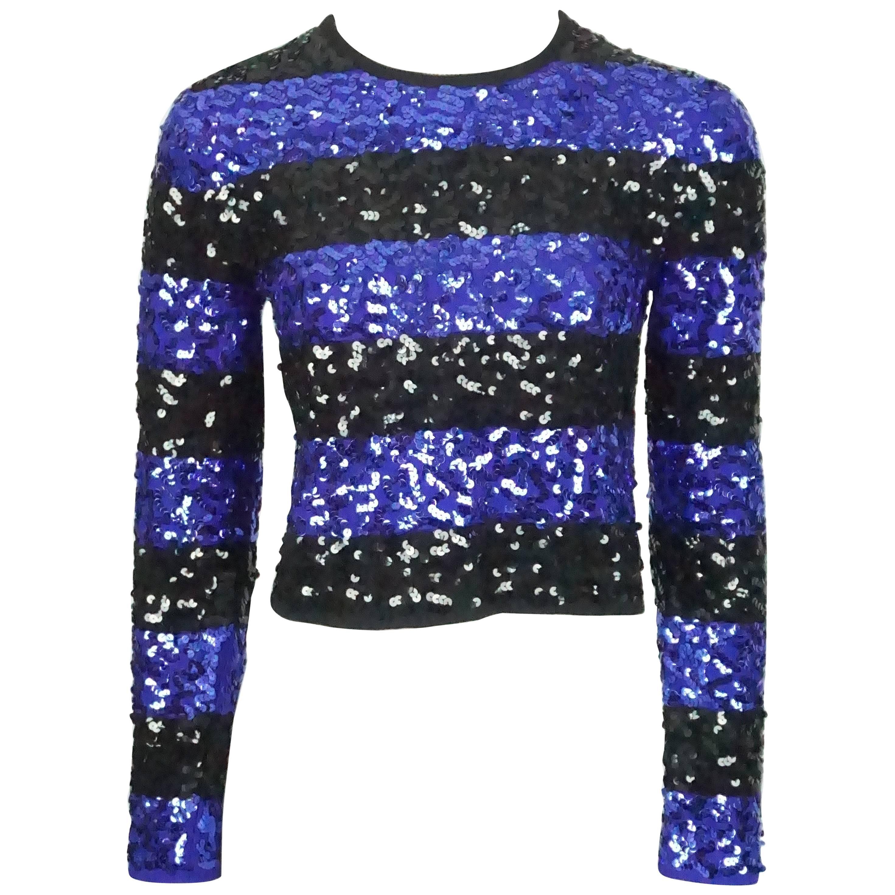 Sonia Rykiel Blue and Black Striped Sequin Crop Sweater - 38 - Circa 80's