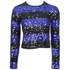 Retro Sonia Rykiel Blue and Black Striped Sequin Crop Sweater - 38 - Circa 80's