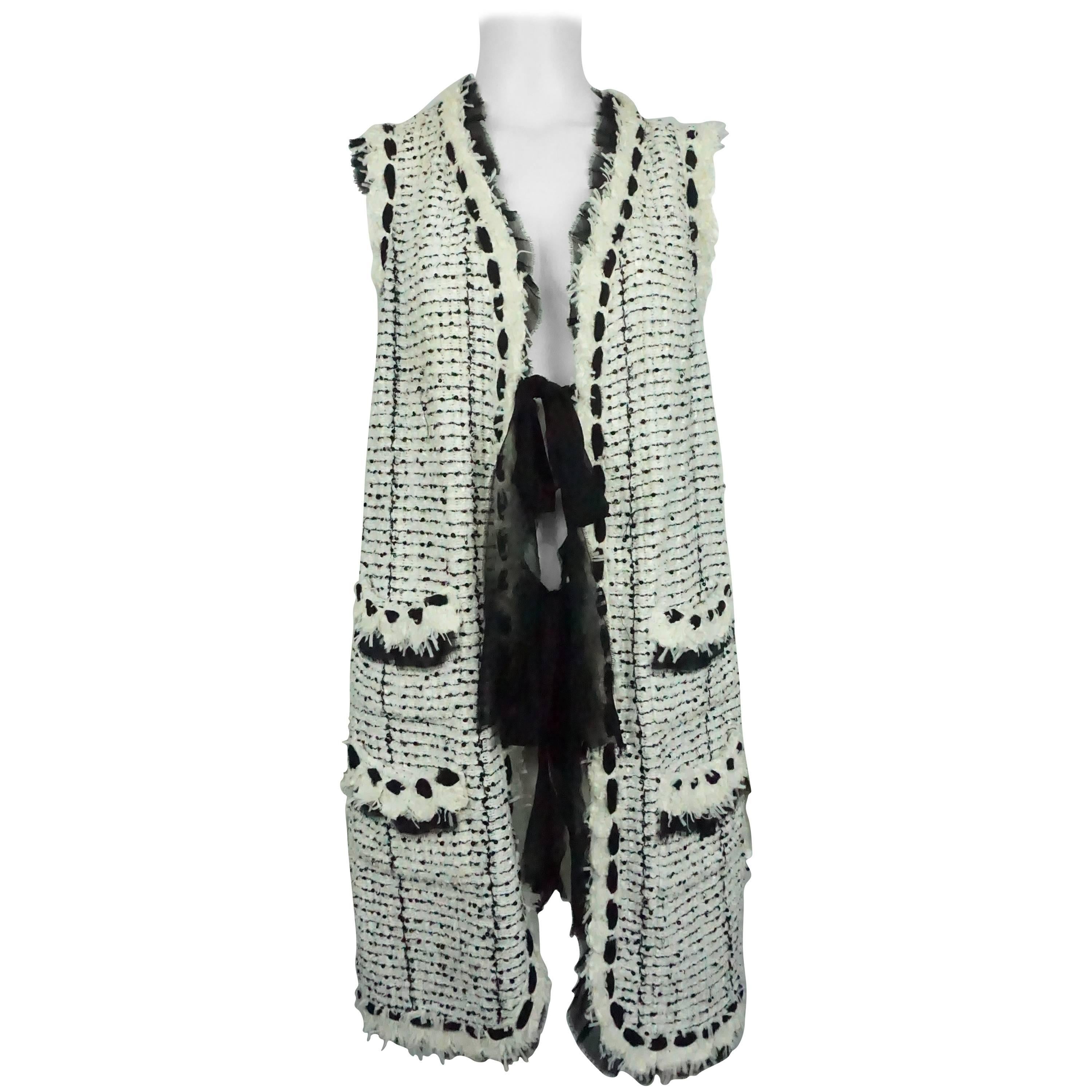 Chanel Ivory and Black Silk/Cotton Knit Lesage Long Vest/ Duster - 48 - 05P