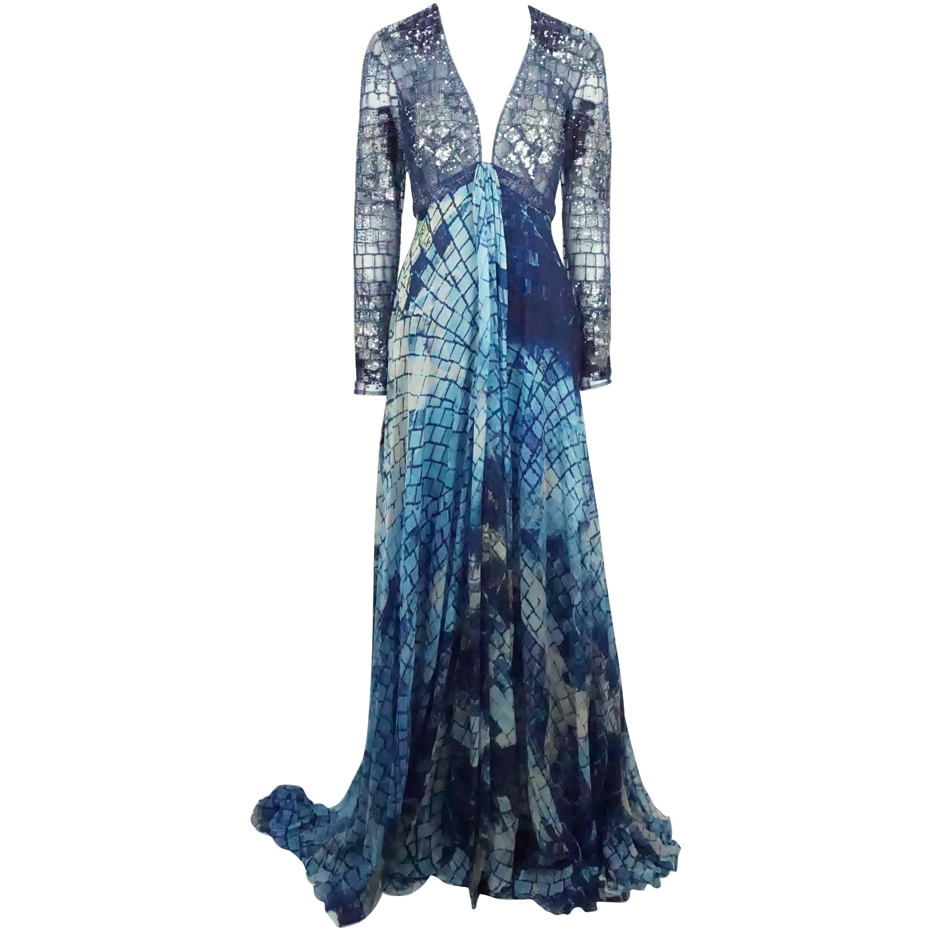 Zuhair Murad Blue Mosaic Silk Print and fully Beaded/Sequin Gown - 6 - NWT