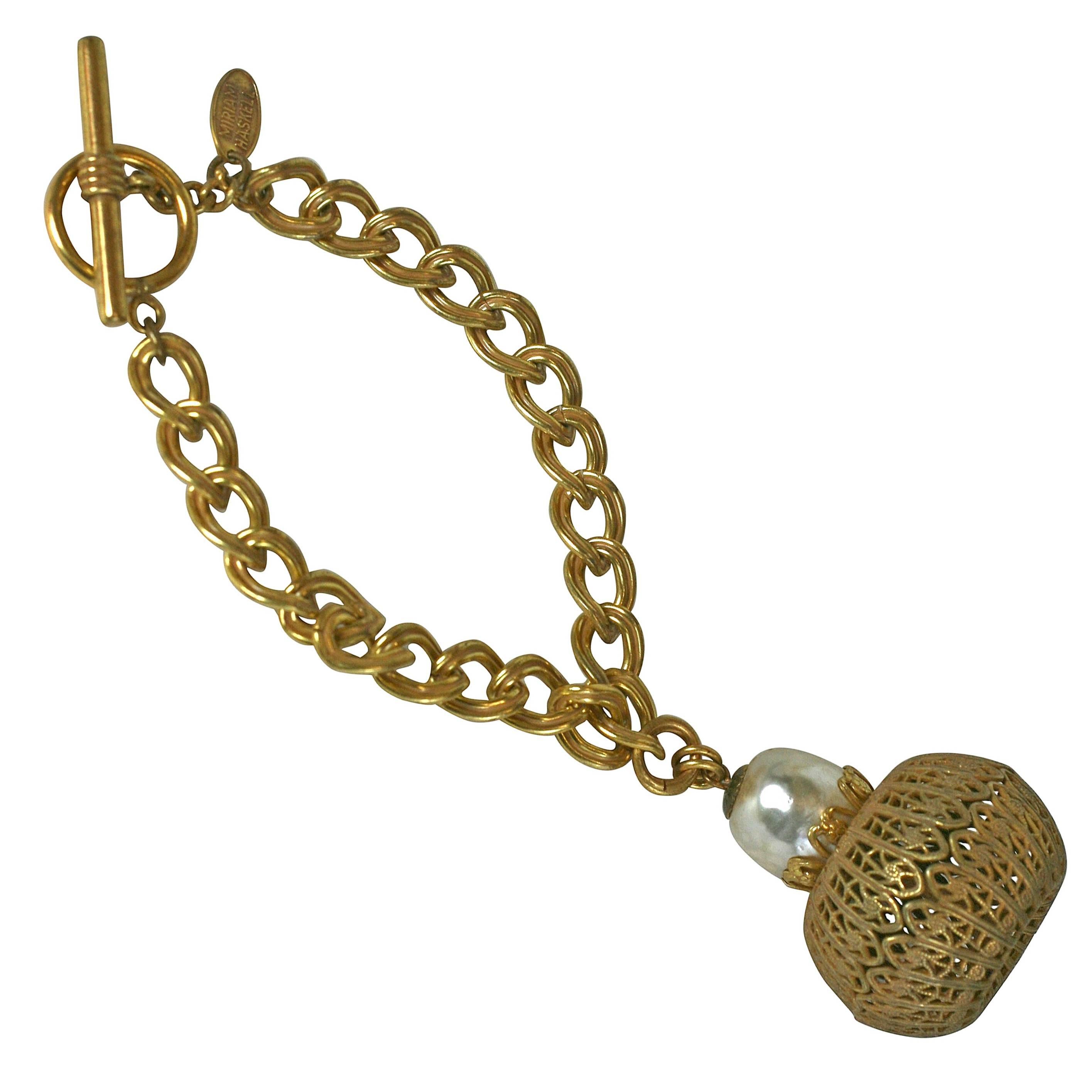 Miriam Haskell Pearl and Gilt Fob Bracelet