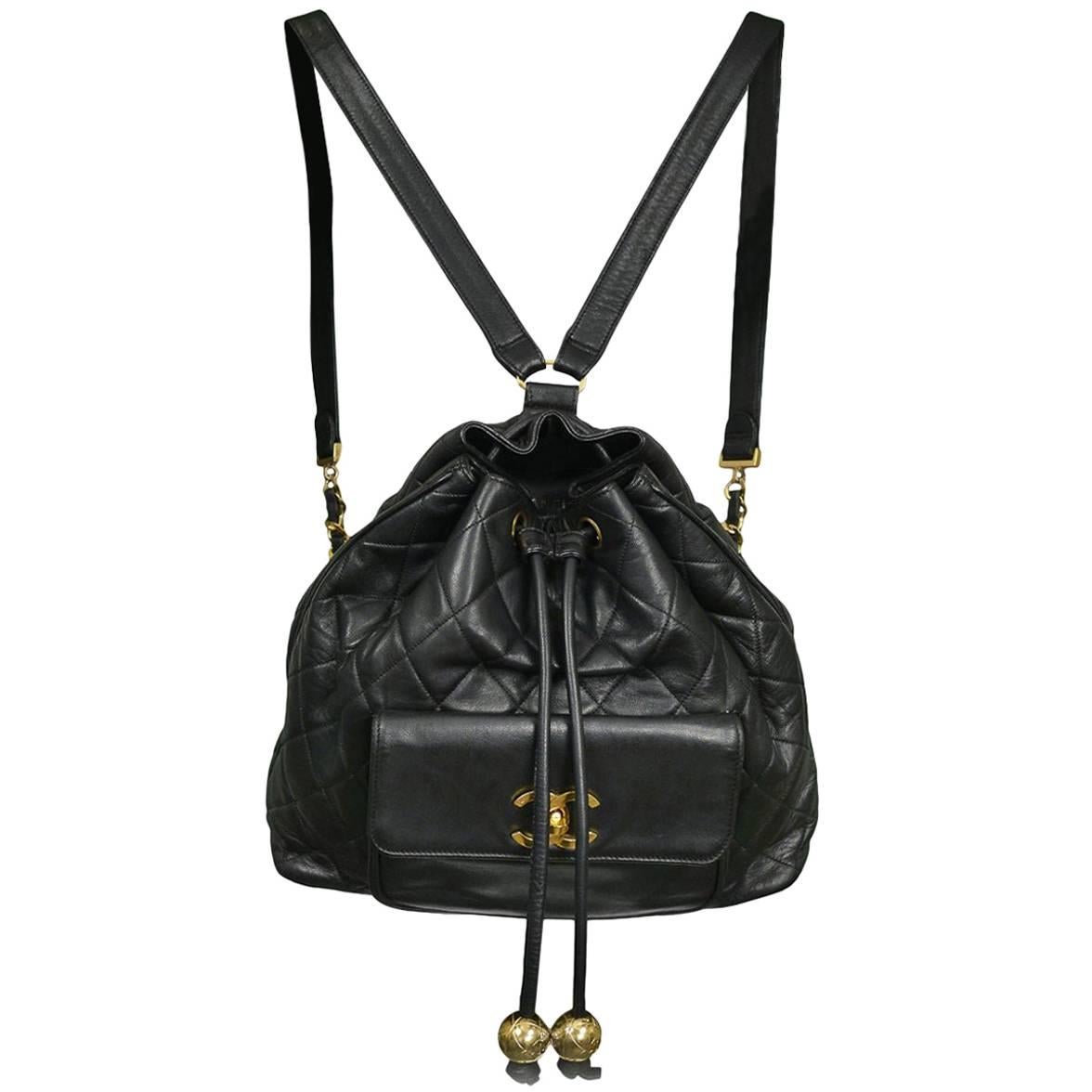 Chanel Large Black Leather Quilted Backpack w Gold Baubles & CC Logo