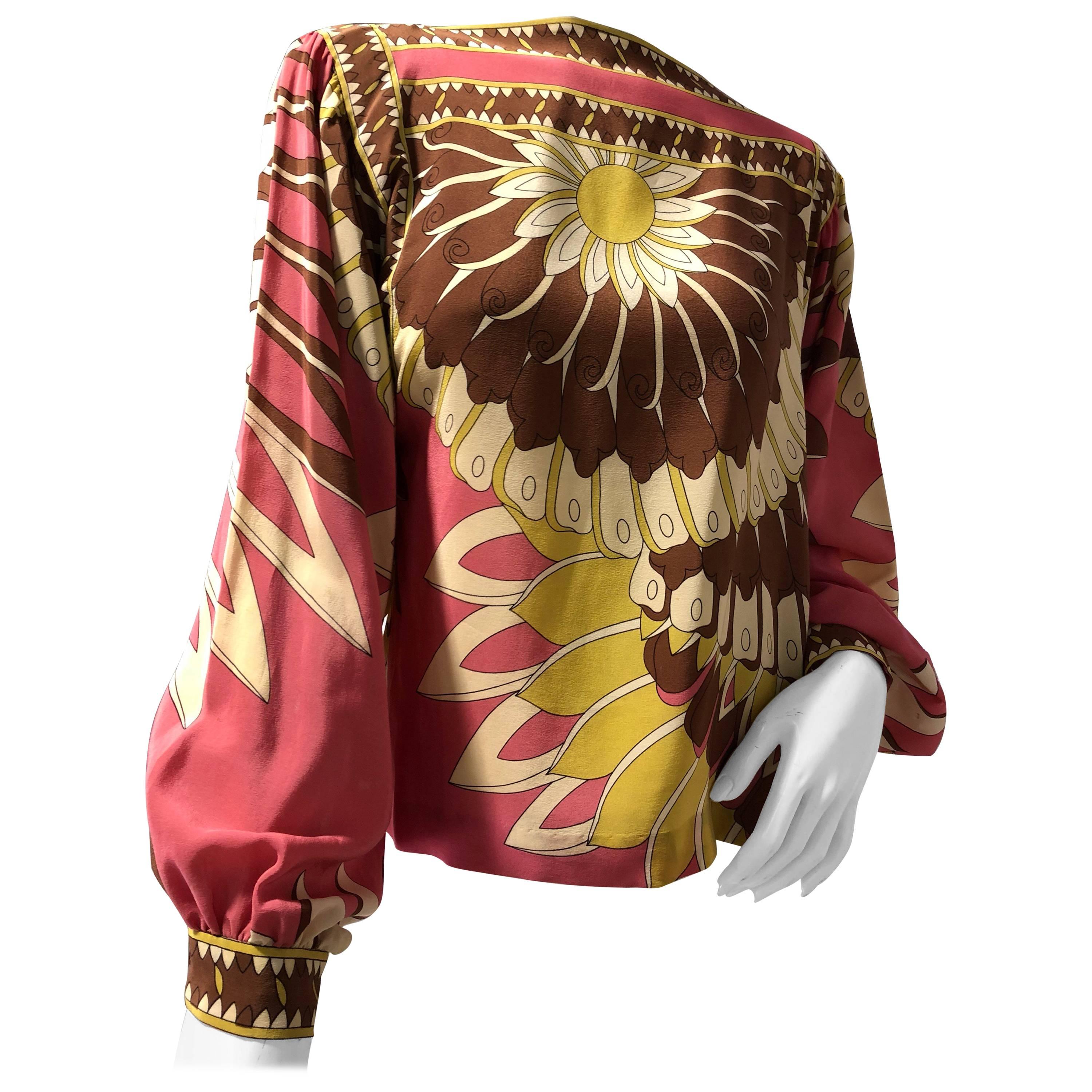 1970s Silk Crepe Lantern Sleeve Blouse with Large-Scale Abstract Floral Pattern 