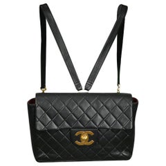 Unusual Chanel Large Rectangular Black Leather Quilted Backpack w CC Logo