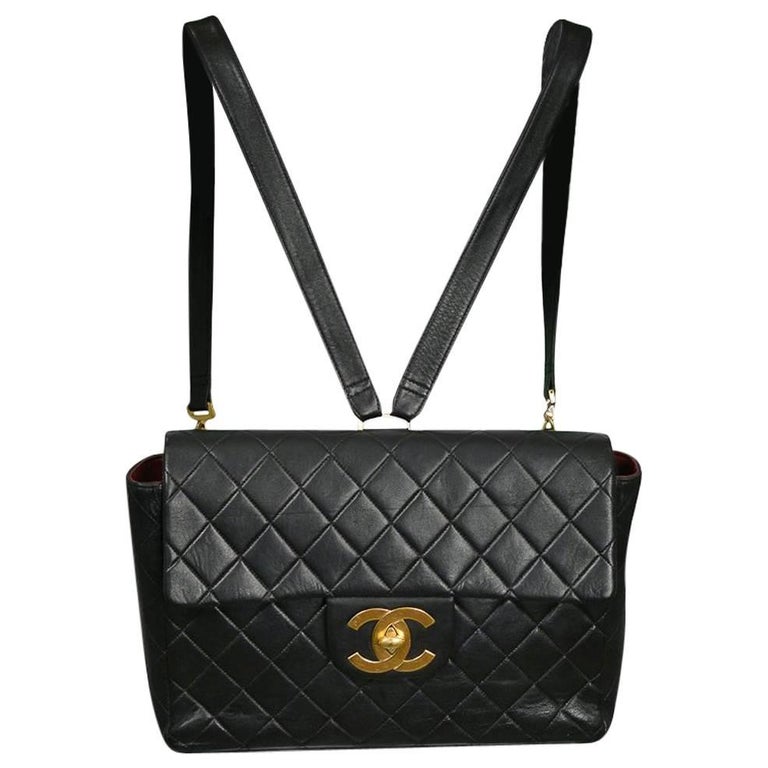Unusual Chanel Large Rectangular Black Leather Quilted Backpack w CC