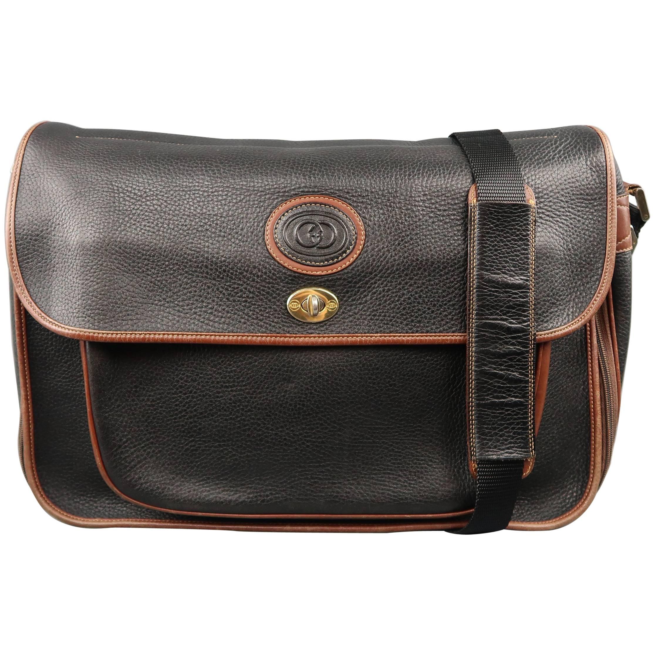 Vintage GUCCI Bag Black & Brown Leather Crossbody Shoulder Messenger Bag