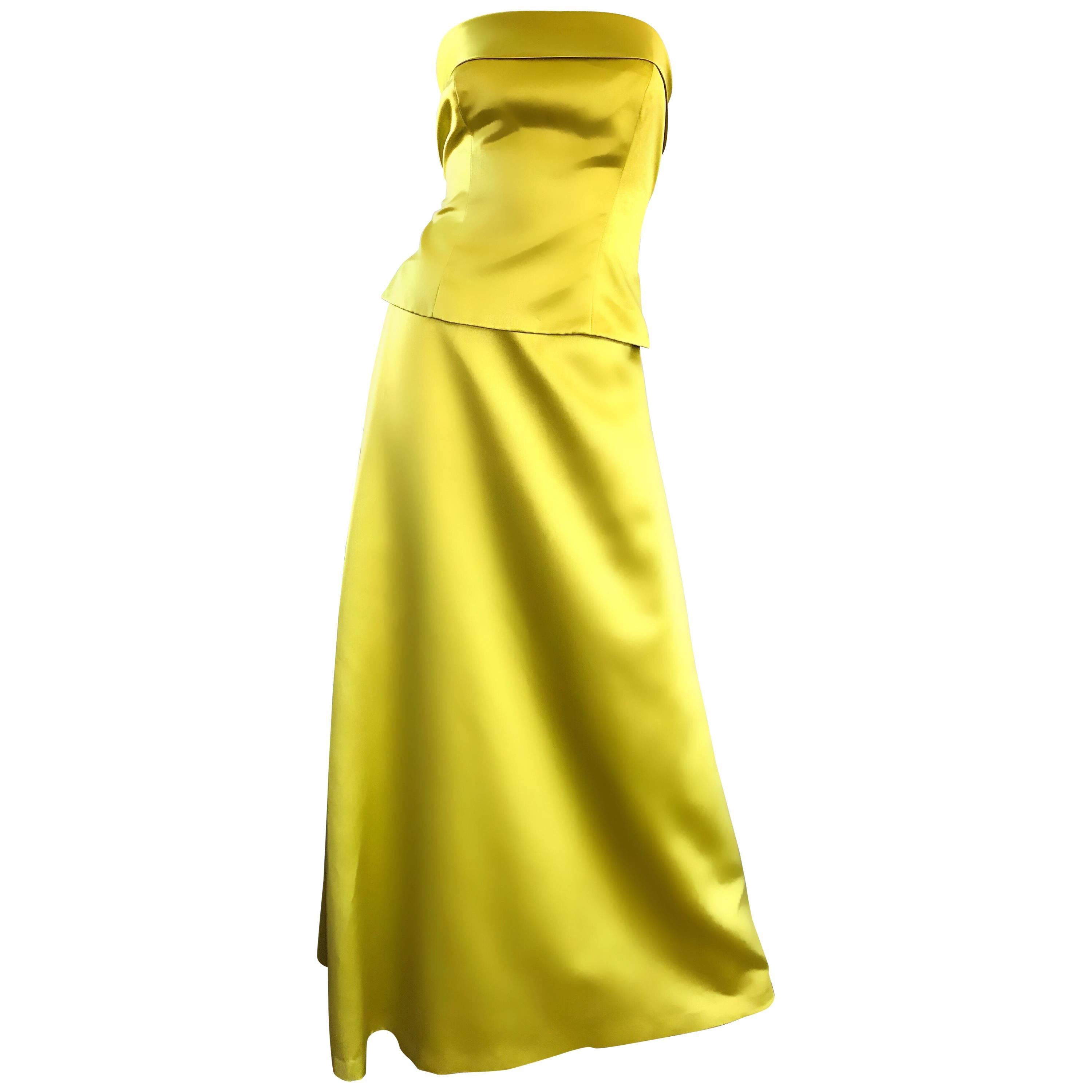 1990s Vera Wang Chartreuse Yellow Green Two Piece Satin Evening Gown Ensemble