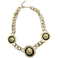Gianni Versace Style 1990s Gold + Black Medusa Lion Head Vintage Choker Necklace