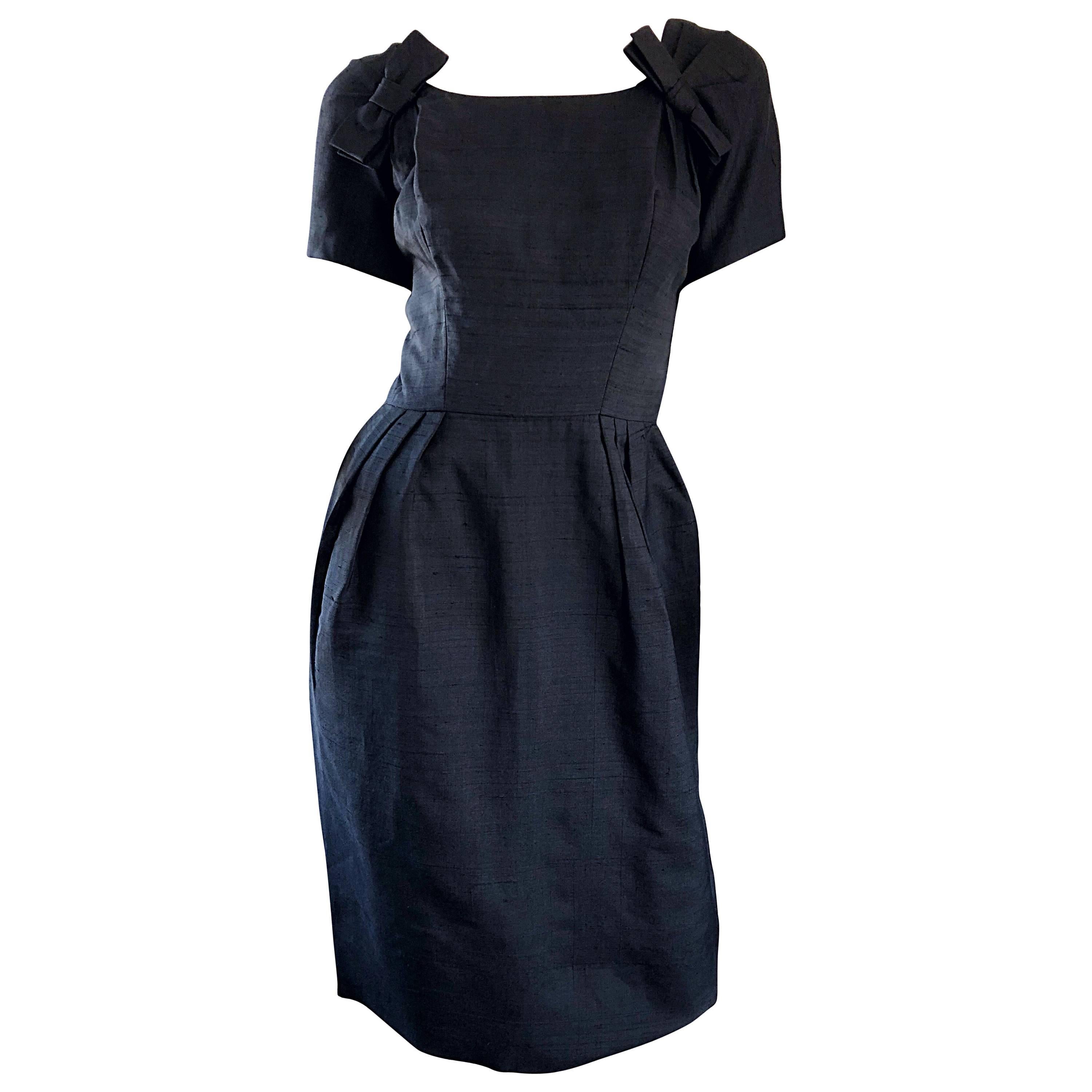 Suzy Perette 1950s Black Silk Shantung Short Sleeve Vintage 50s Bombshell Dress