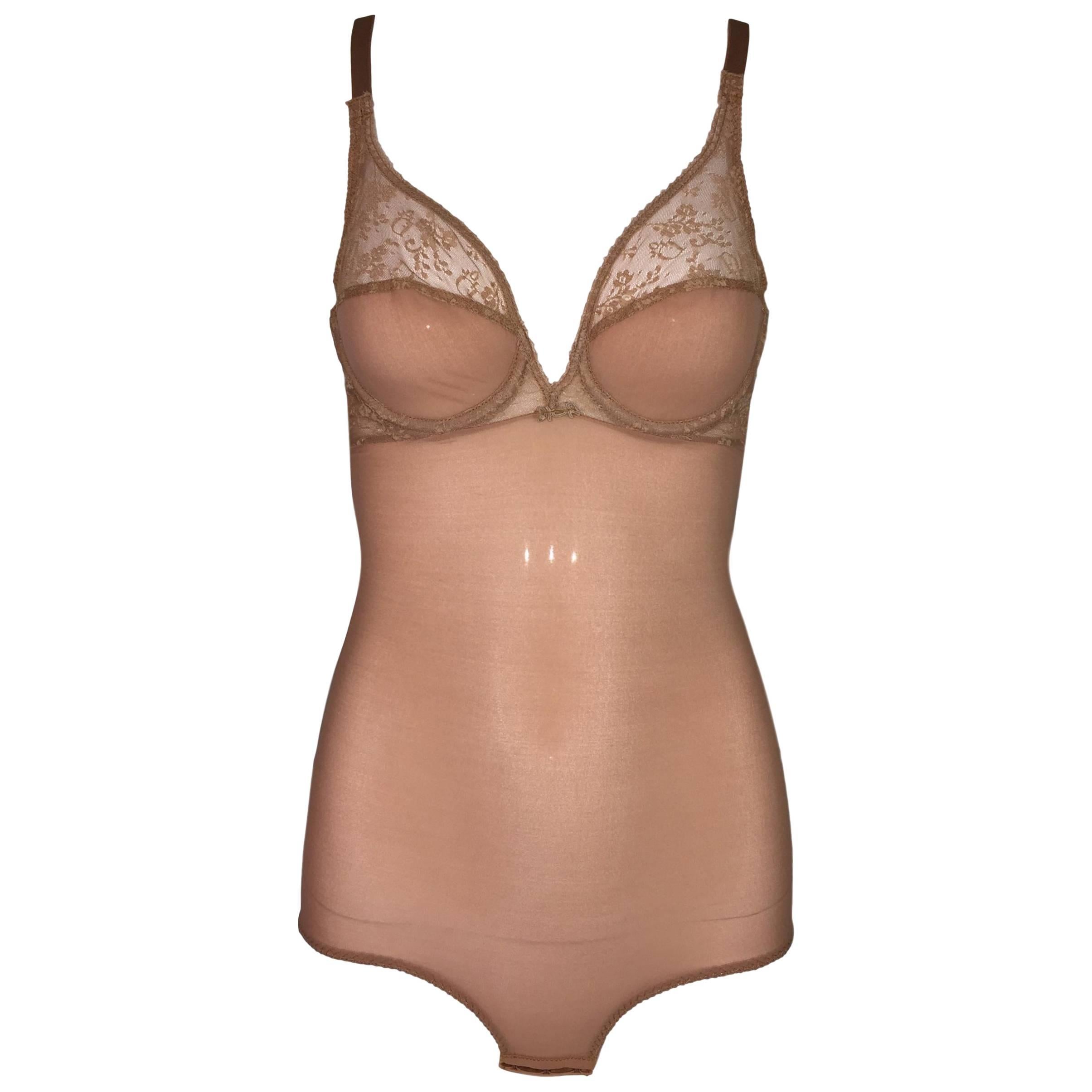 1990's Christian Dior Tan Nude Sheer Monogram Lace Bodysuit Top 32B