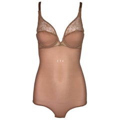 Vintage 1990's Christian Dior Tan Nude Sheer Monogram Lace Bodysuit Top 32B