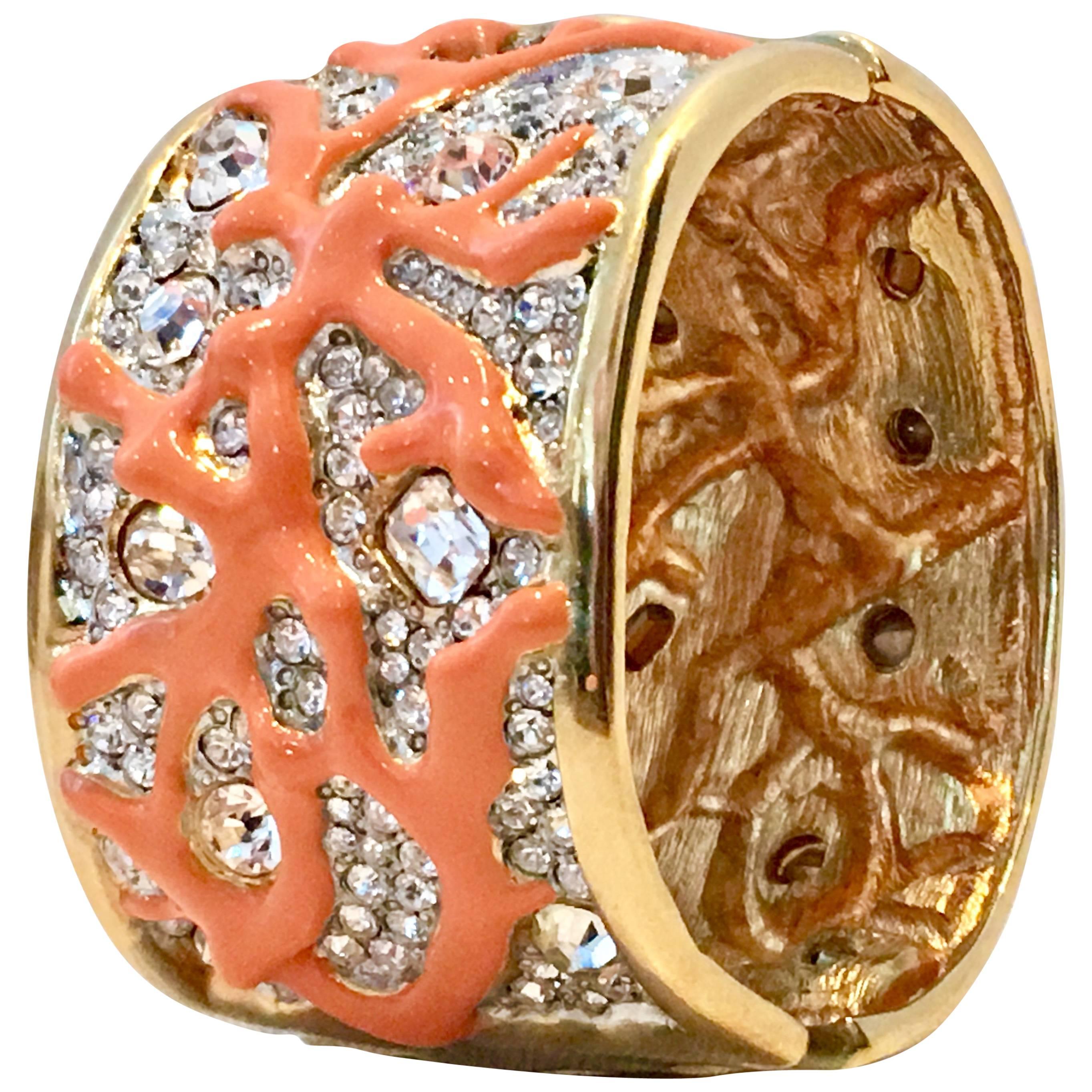 Gold Austrian Crystal & Enamal Coral Branch Cuff Bracelet By, Kenneth Jay Lane For Sale