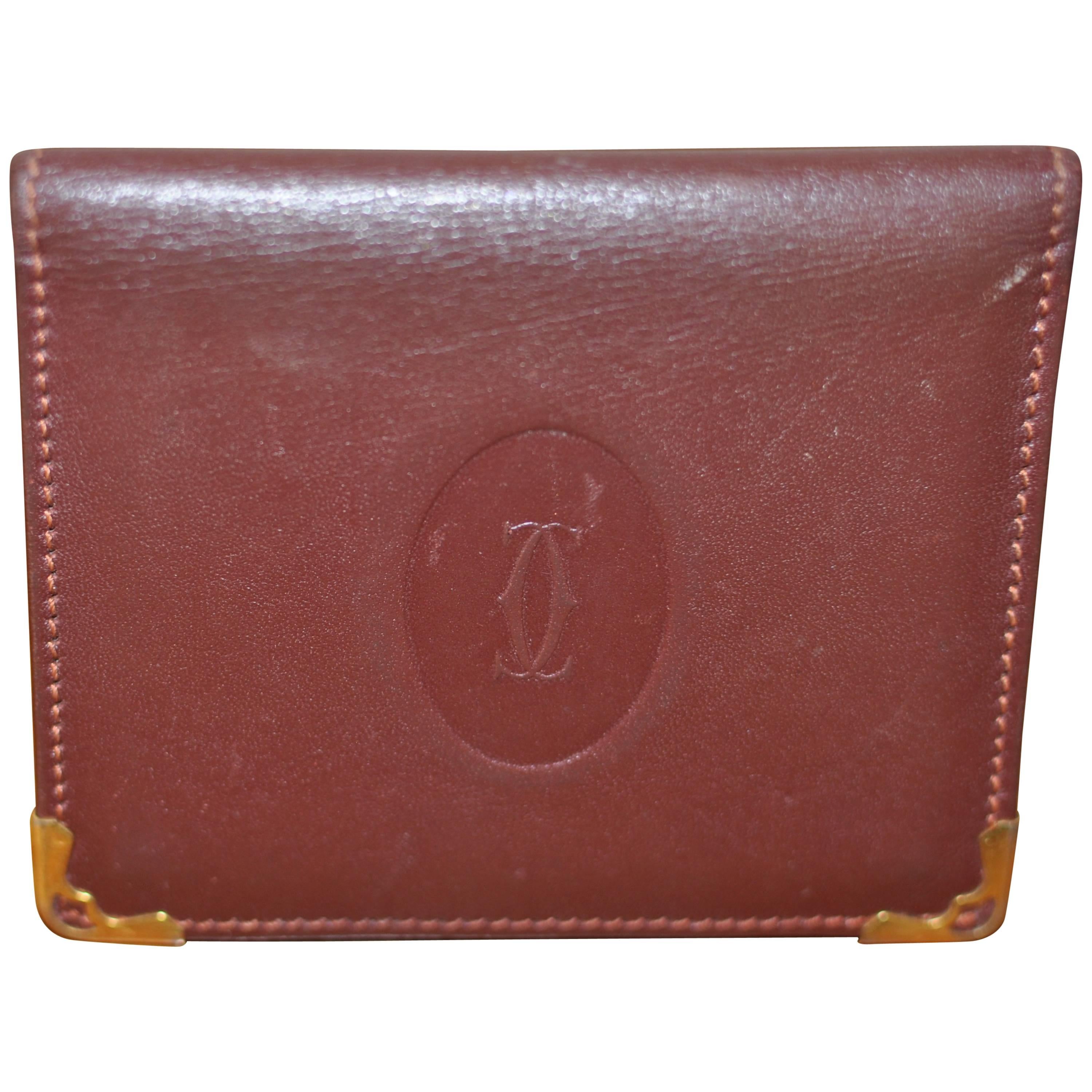 Vintage Must de Cartier Bordeaux Leather Mirror Wallet w/box and bag