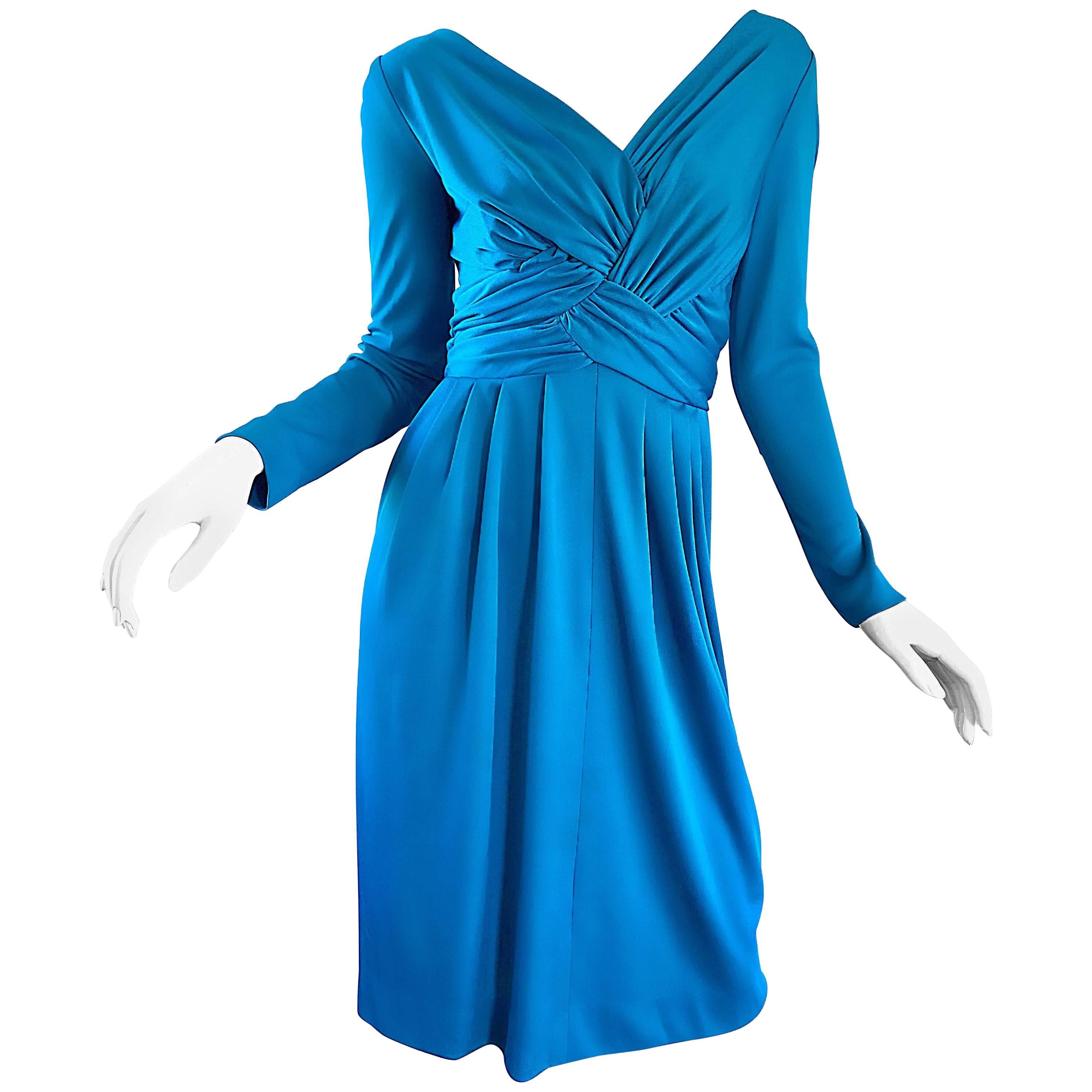 Vintage Lilli Diamond 1970s Teal Blue Manica lunga anni '70 Abito in jersey al ginocchio in vendita