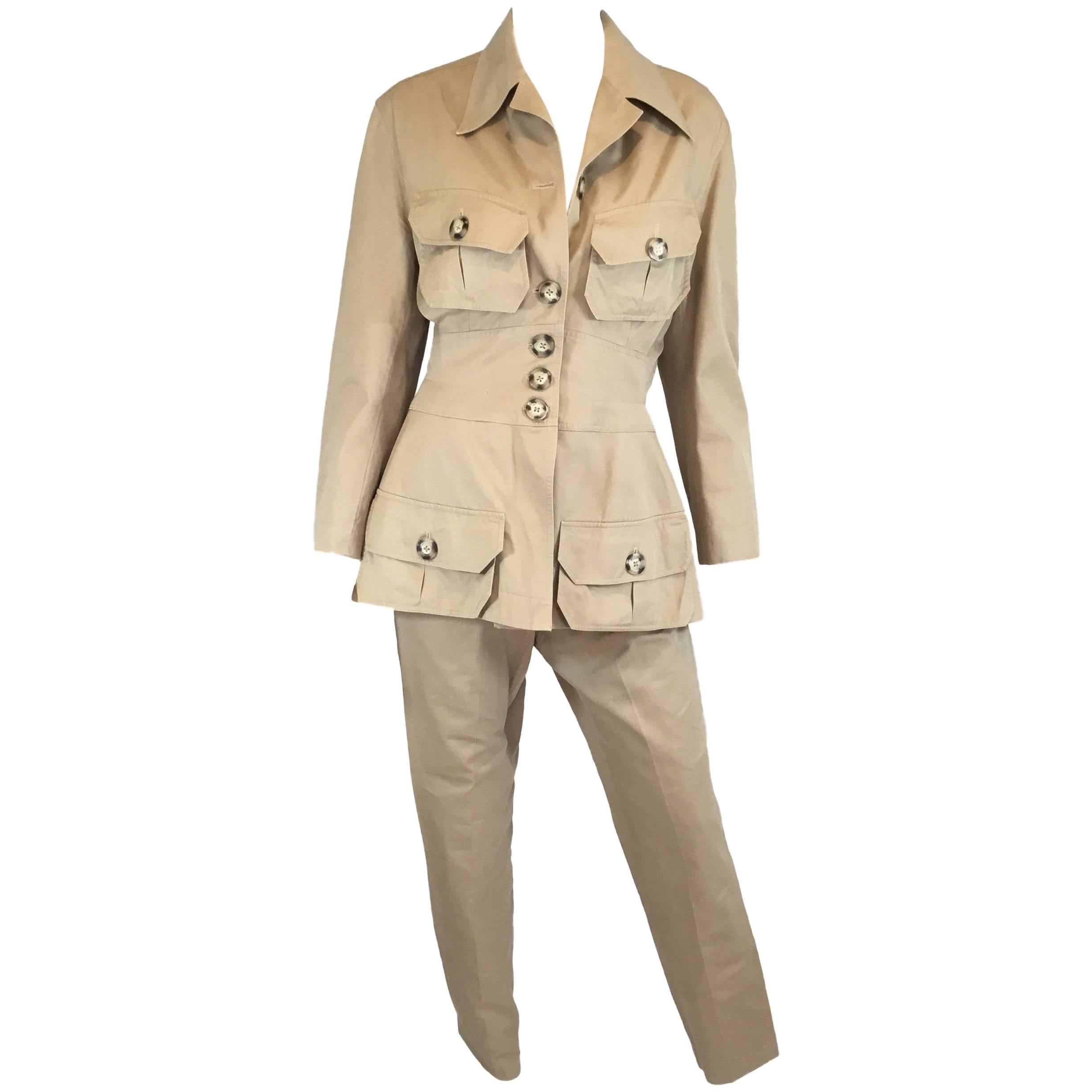 Byron Lars Lifetime Nip Waist Khaki Safari Pant and Jacket Set For Sale