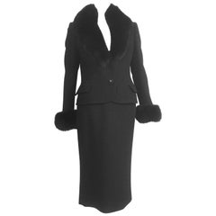 Vintage Gianni Versace Couture 1990s Black Boucle Fur Trim Skirt Suit Size 4.