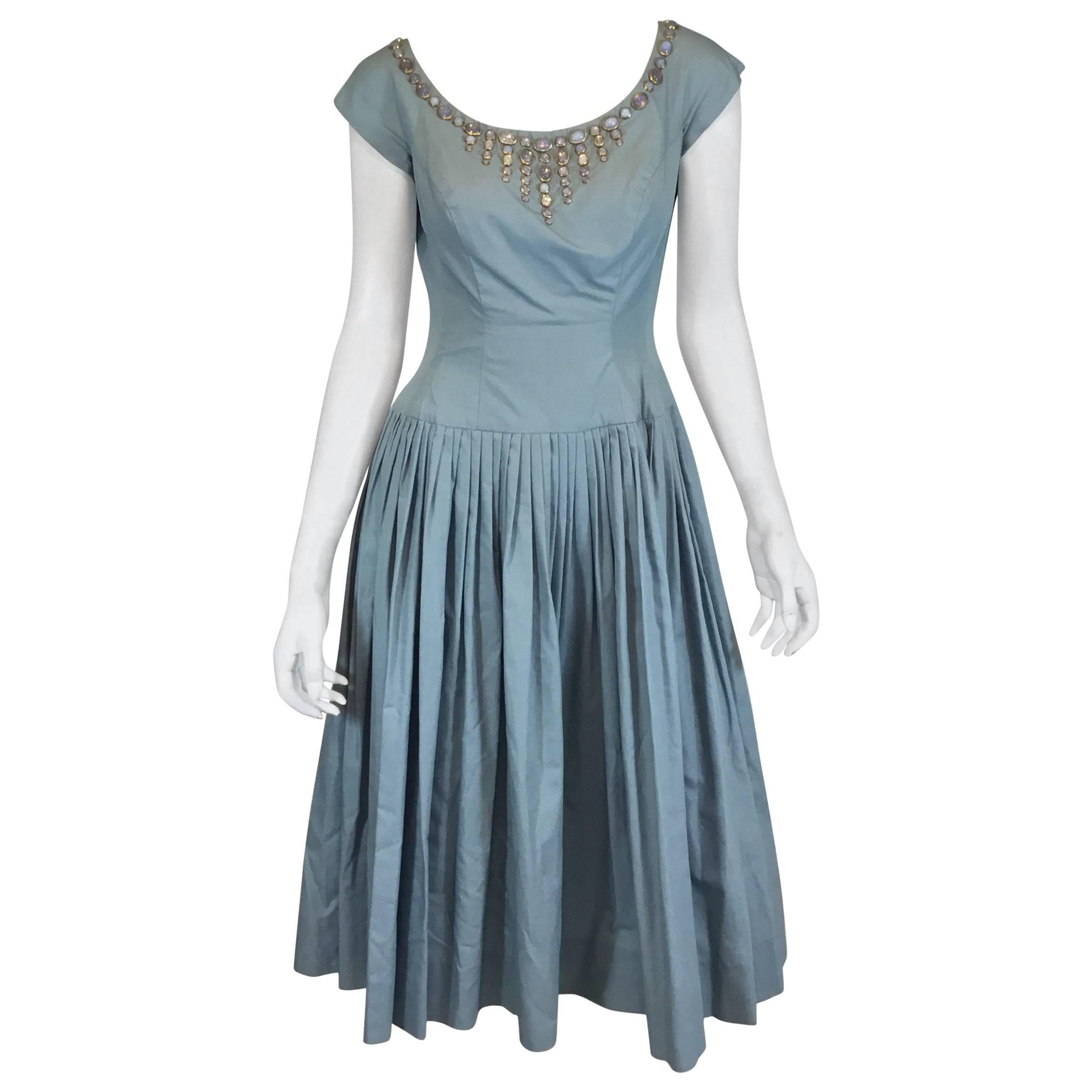 Vintage 1950’s I. Magnin Dress with Jewel Cabochon Embellished Neckline