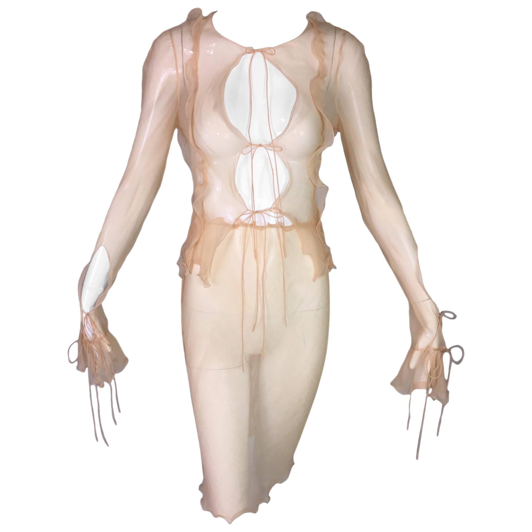 1990's Fendi by Karl Lagerfeld Sheer Peachy Nude Silk Open Front Top & Skirt
