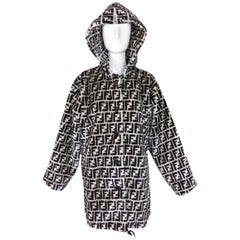 Vintage 1990's Fendi Black & White Faux Fur Zucca Monogram Unisex Hooded Coat Jacket