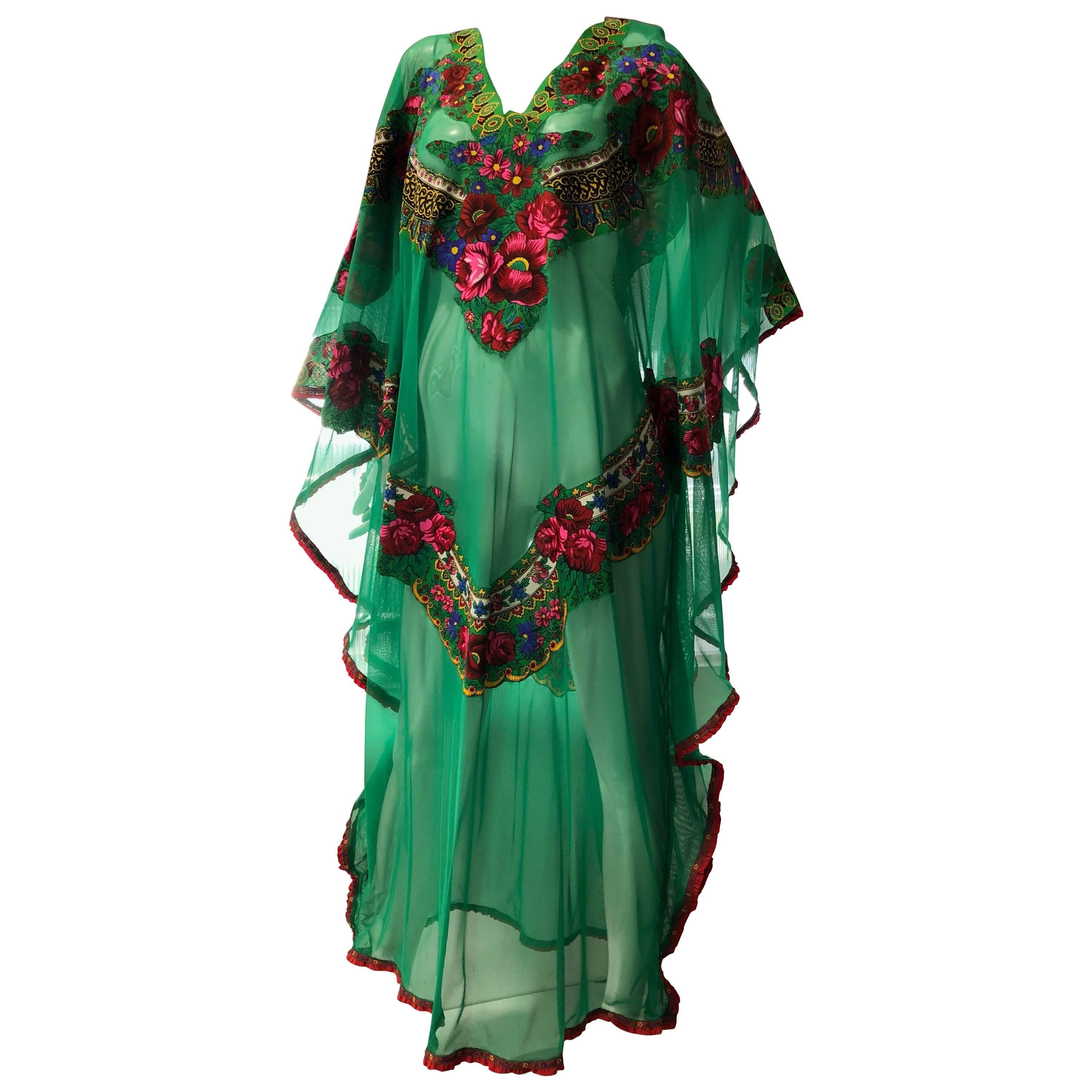 Russian Gypsy Floral Applique Emerald Green Net Caftan W/ Floral Ribbon Trim