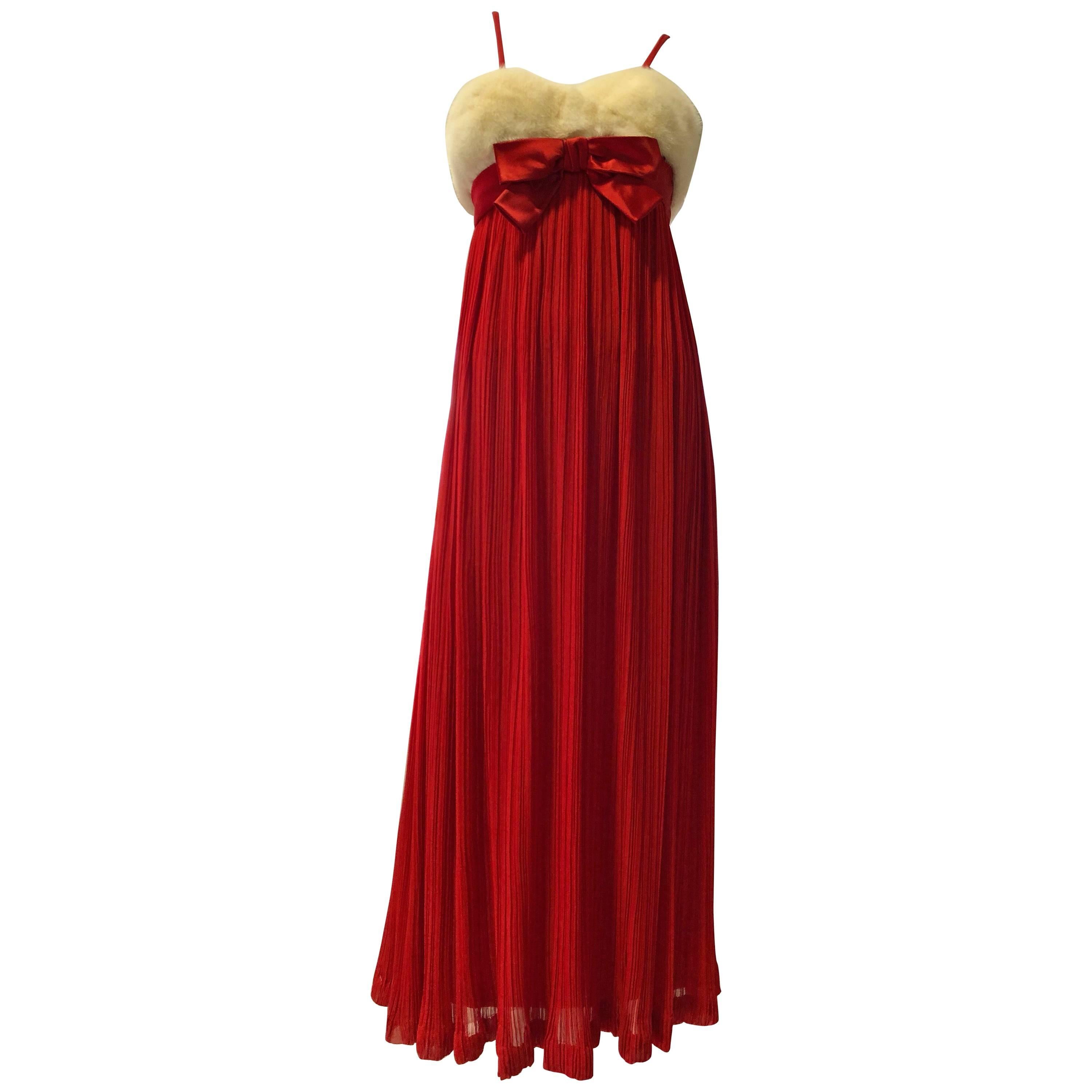 1964 Sarmi Red Silk Chiffon Pleated Empire Evening Gown W/ Mink Fur Bodice