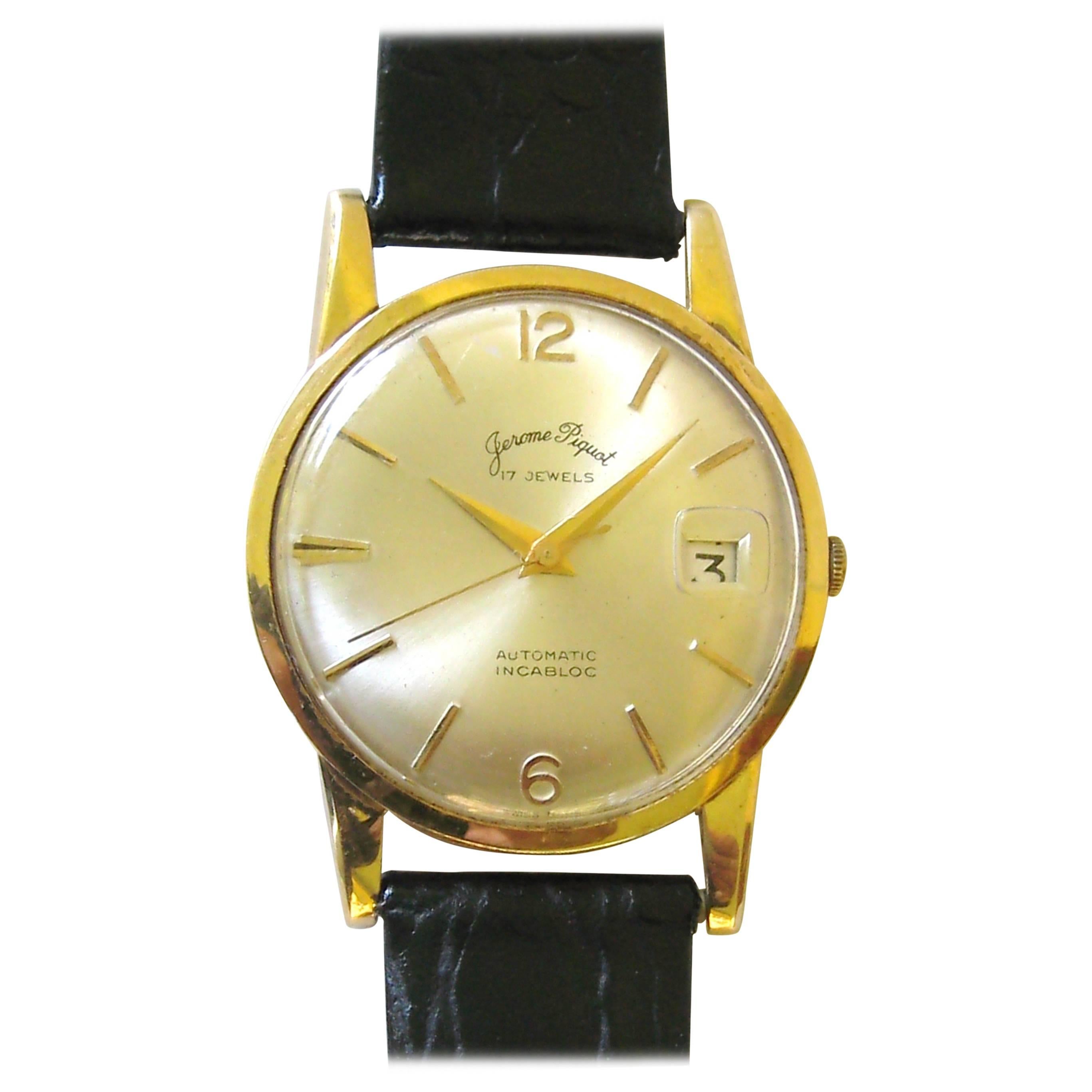 14K Gold Jerome Piquot Automatic Wristwatch with Date 1940s Incabloc Watch 