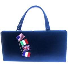 1960s Ebony Leather Cloisonne Enamel Flag Theme Handbag 