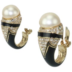 1980's Ciner Black Enameled Earrings With Faux Pearl & Rhinestones