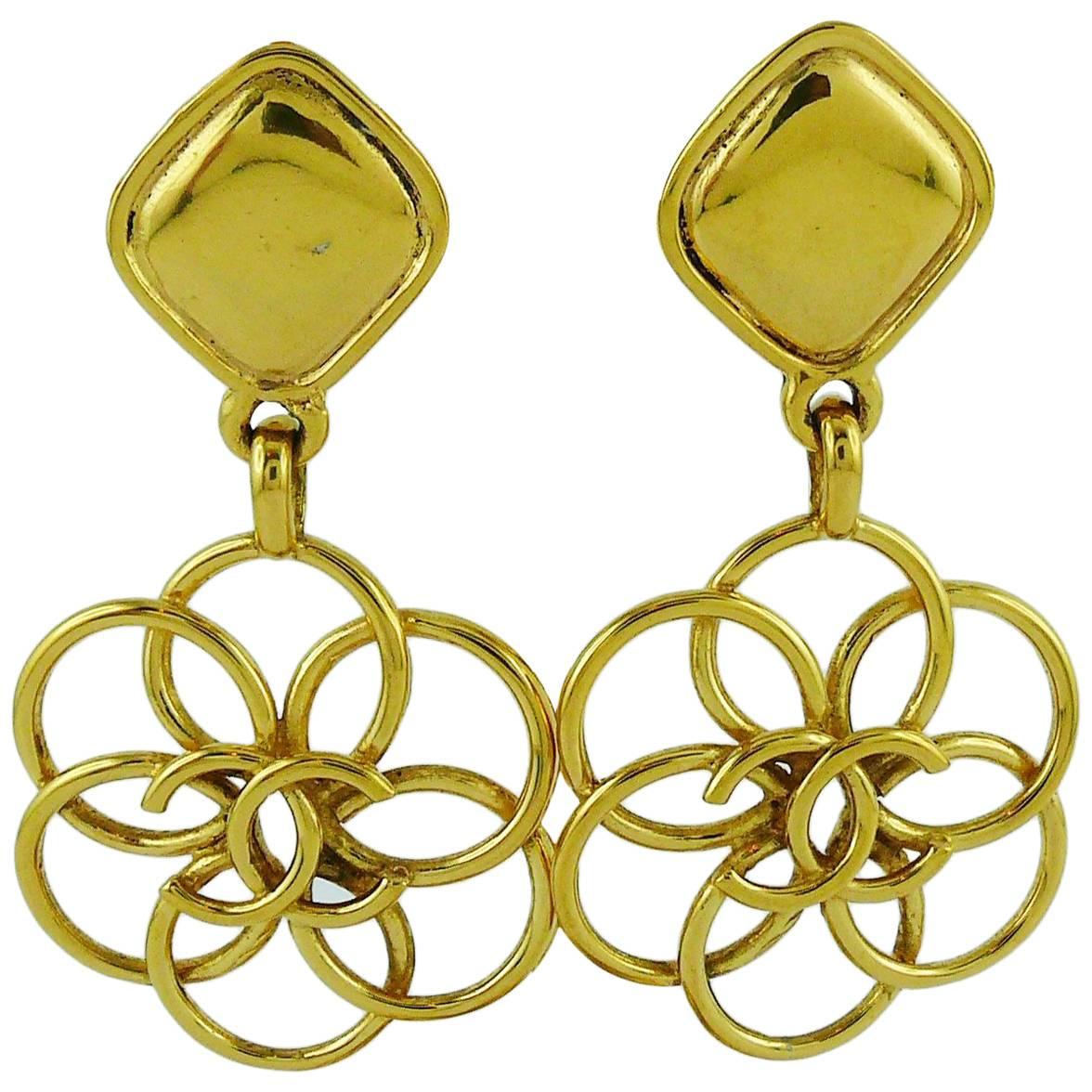 Chanel Vintage Gold Toned CC Flower Dangling Earrings