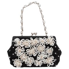 Valentino Small Evening Bag in Black Silk Satin with Pearls and Brilliants