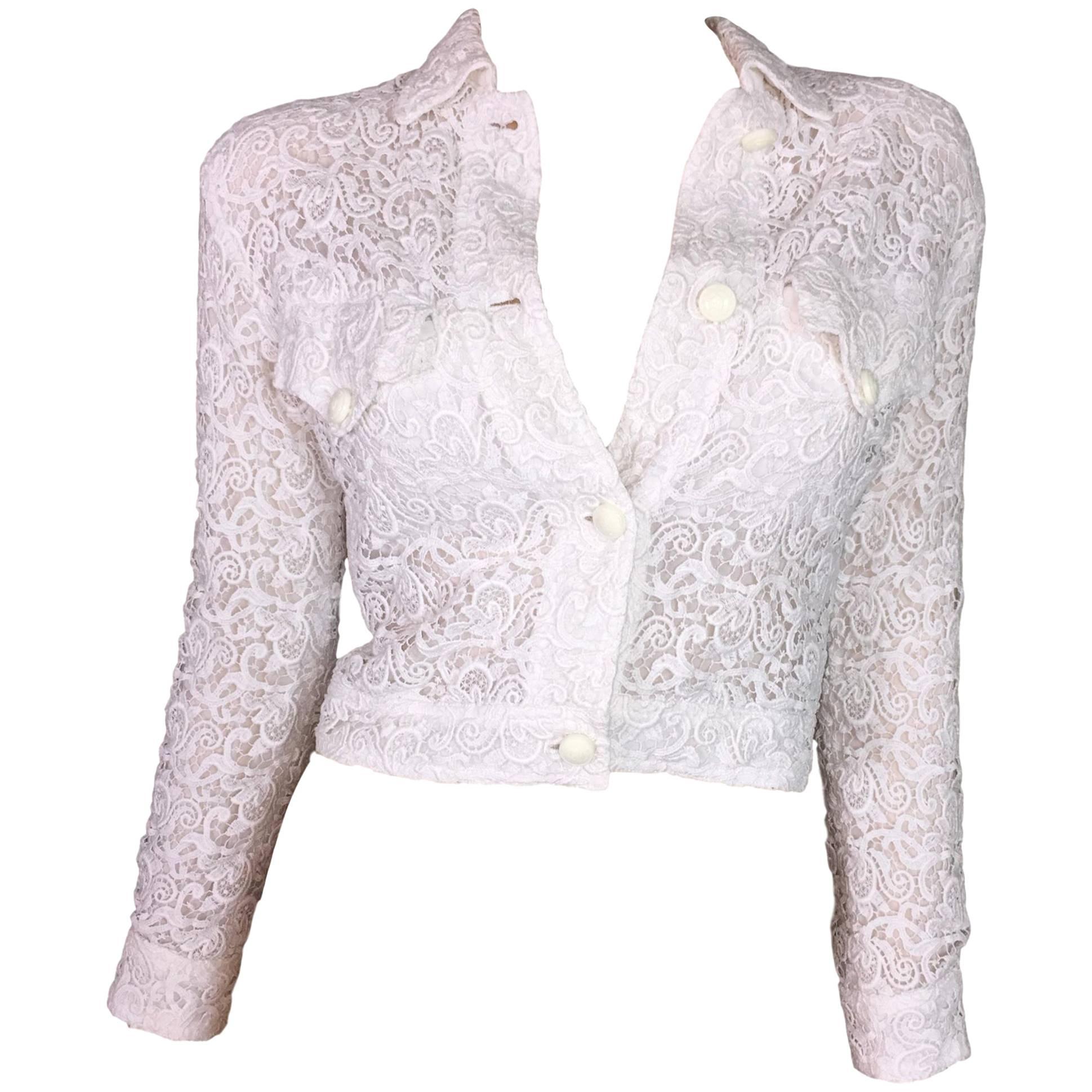S/S 1994 Gianni Versace Sheer White Lace Cropped Short Jacket 38
