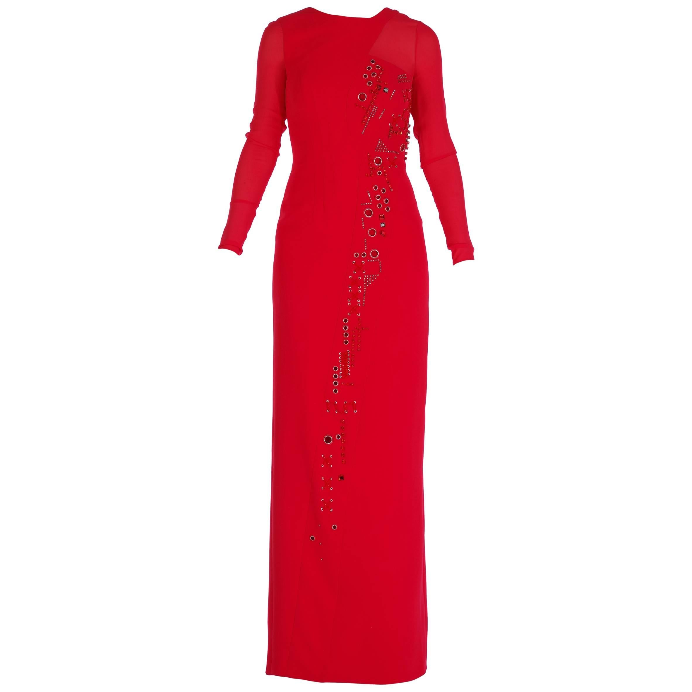 NEW VERSACE RED SILK EMBELLISHED GOWN with LONG SLEEVES For Sale