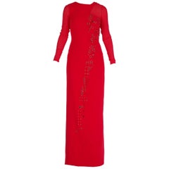 NEW VERSACE RED SILK EMBELLISHED GOWN with LONG SLEEVES