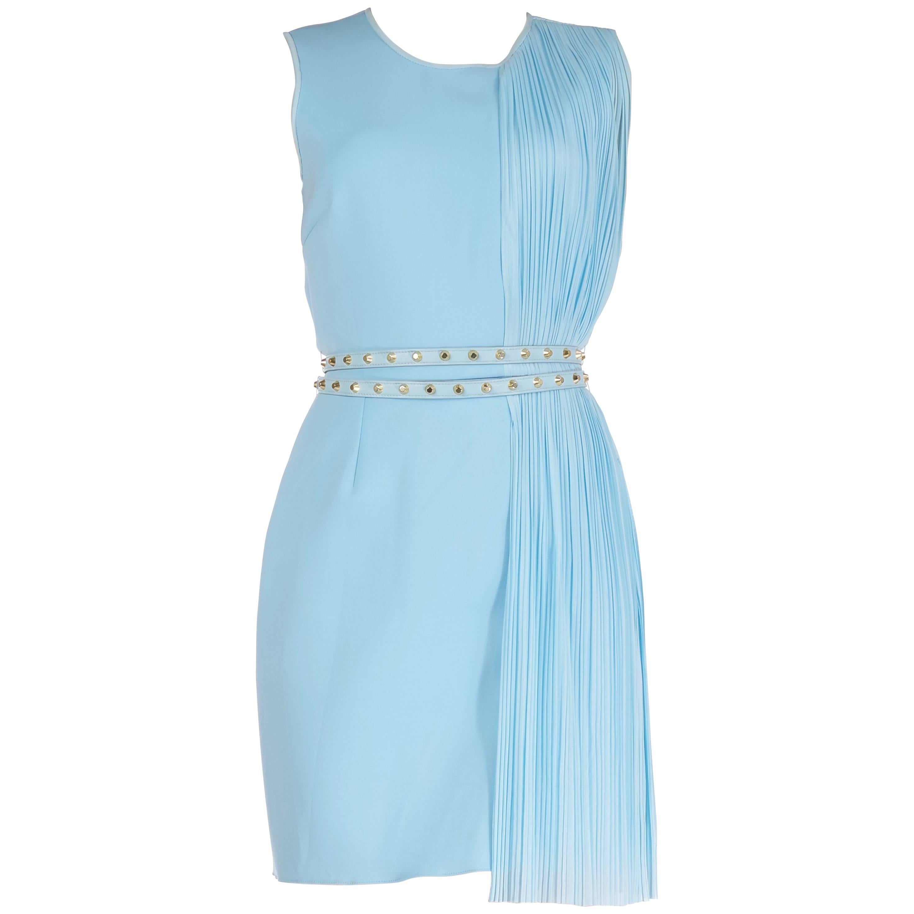 Versace Look #24 Blue Plisse-Panel Belted Dress, S/S 2012 