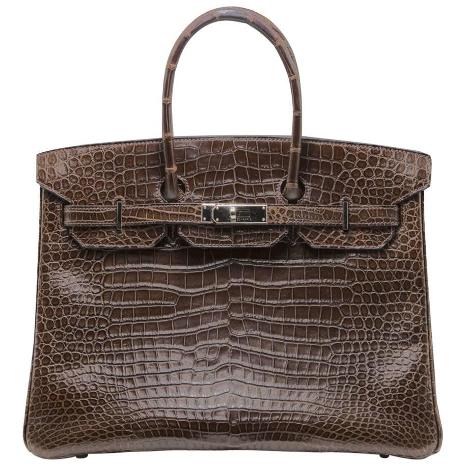Hermès Chocolate Brown Matte Porosus Crocodile 35cm Birkin Bag