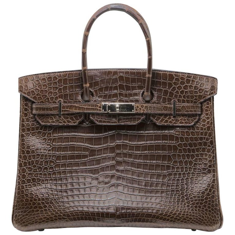 Hermès Chocolate Brown Matte Porosus Crocodile 35cm Birkin Bag at