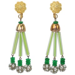 Vintage Green & Gold Floral Earrings With Rhinestone Dangles