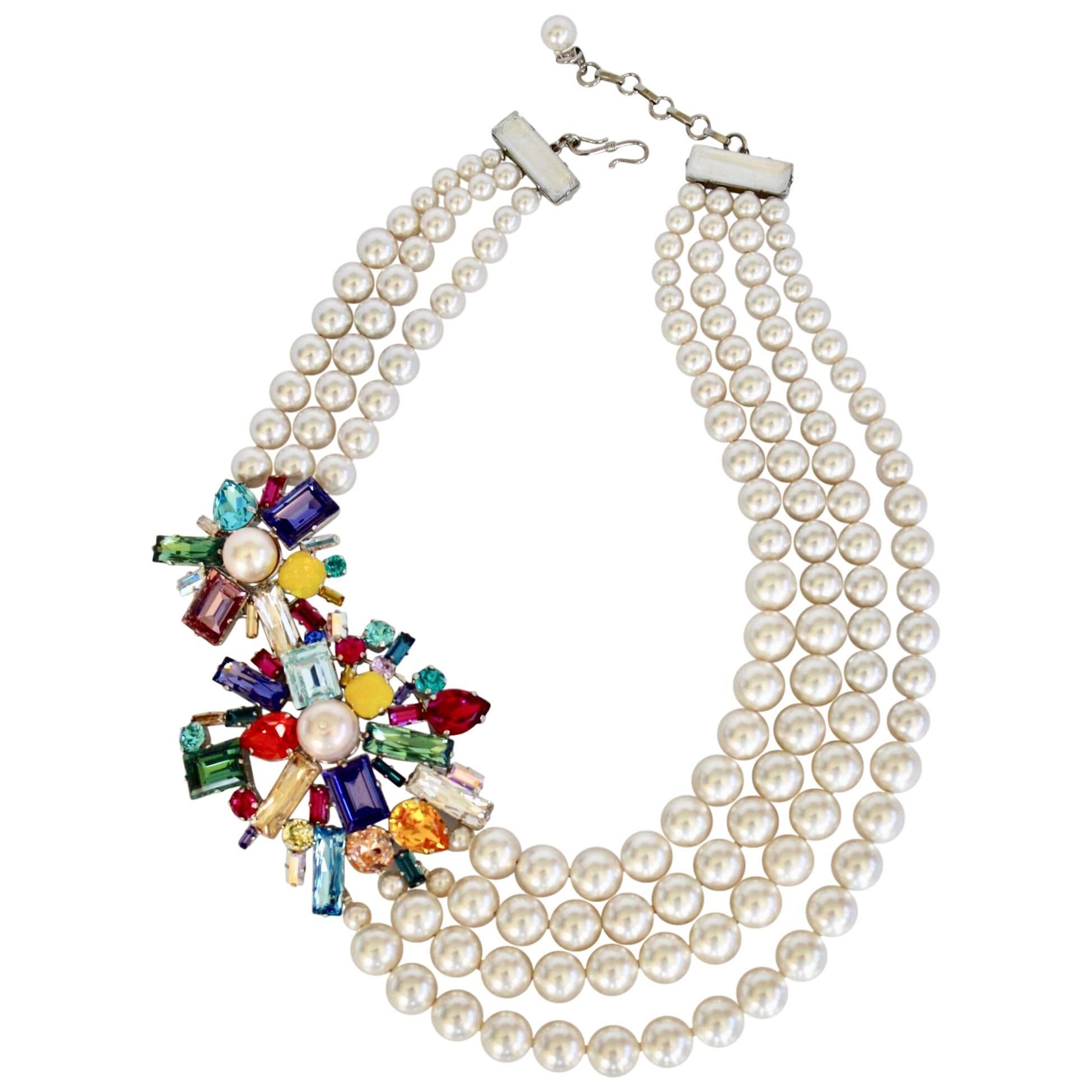 Philippe Ferrandis Glass Pearl and Double Crystal Motif Necklace