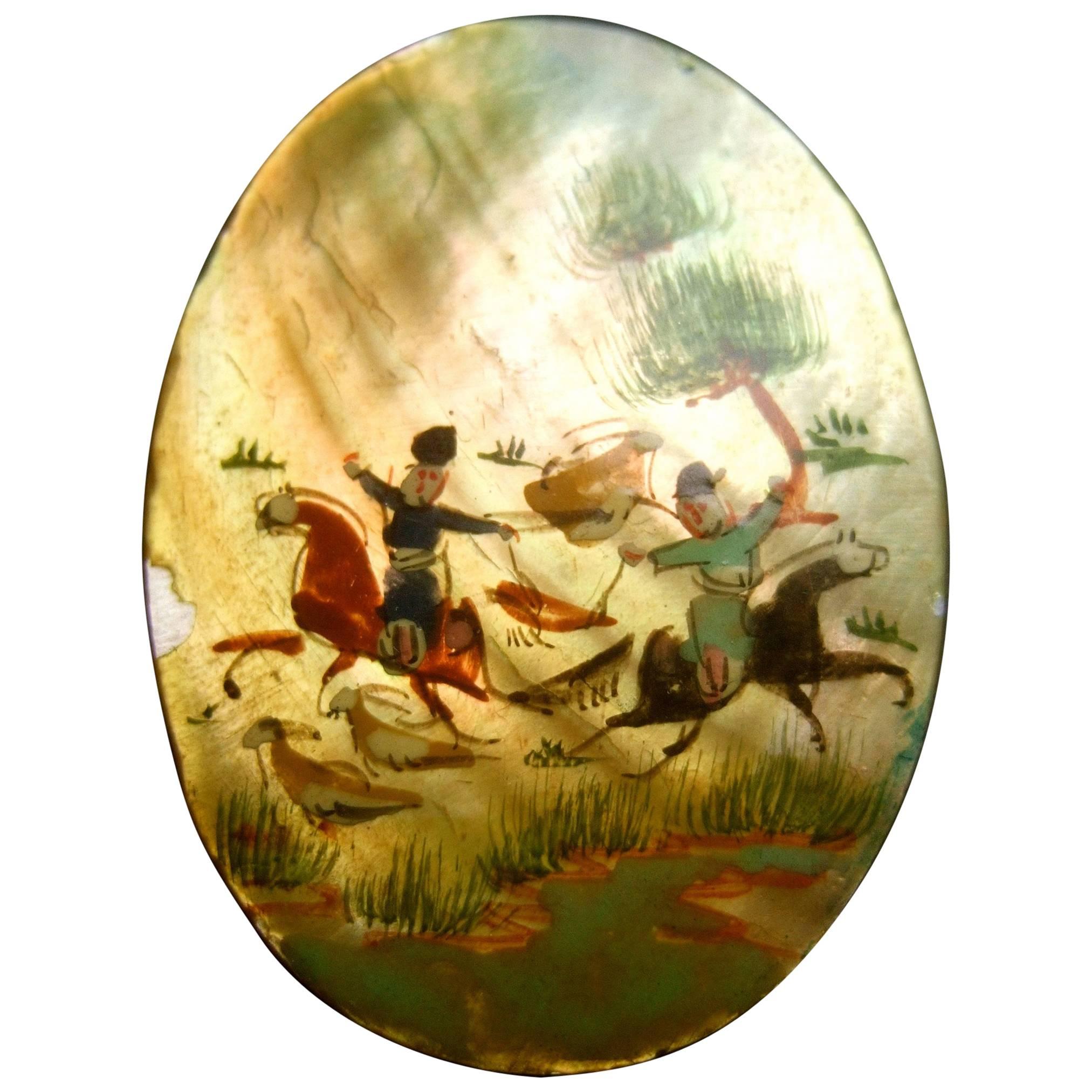 Hand Painted Artisan Mother of Pearl Warrior Scene Brooch c 1960 For Sale