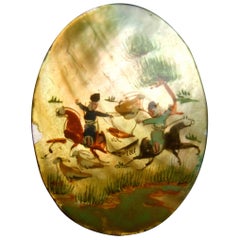 Hand Painted Artisan Mother of Pearl Warrior Scene Brooch c 1960