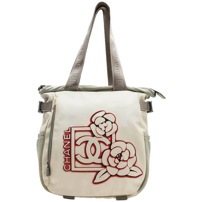 CHANEL Bag in Beige and Grey Canvas with the Chanel Logo and Camellia For Sale at 1stDibs