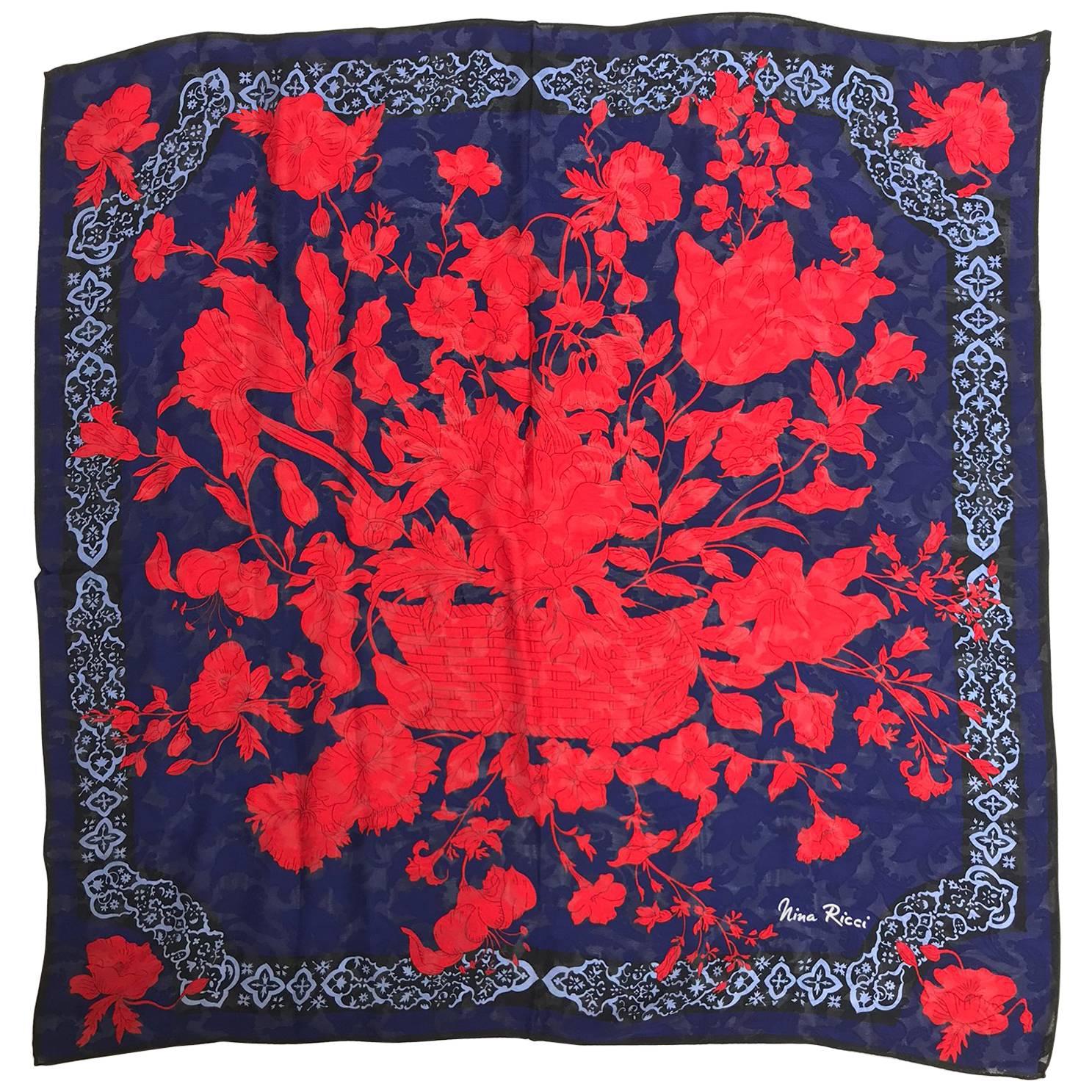 Nina Ricci red and blue floral silk scarf 35" x 35"