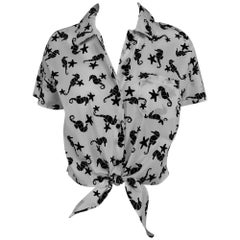 Gucci black and white sea horse print tie front blouse 