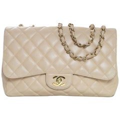 Chanel Beige Quilted Caviar Leather Jumbo Single Flap Bag with Box/Card/ DB