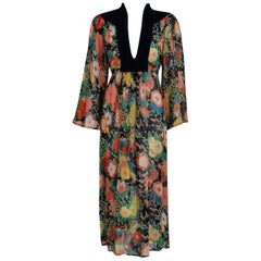 Vintage 1972 Ossie Clark Colorful Floral Celia Birtwell Print Silk & Crepe Belted Dress