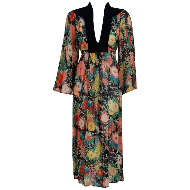 1972 Ossie Clark Colorful Floral Celia Birtwell Print Silk and Crepe ...