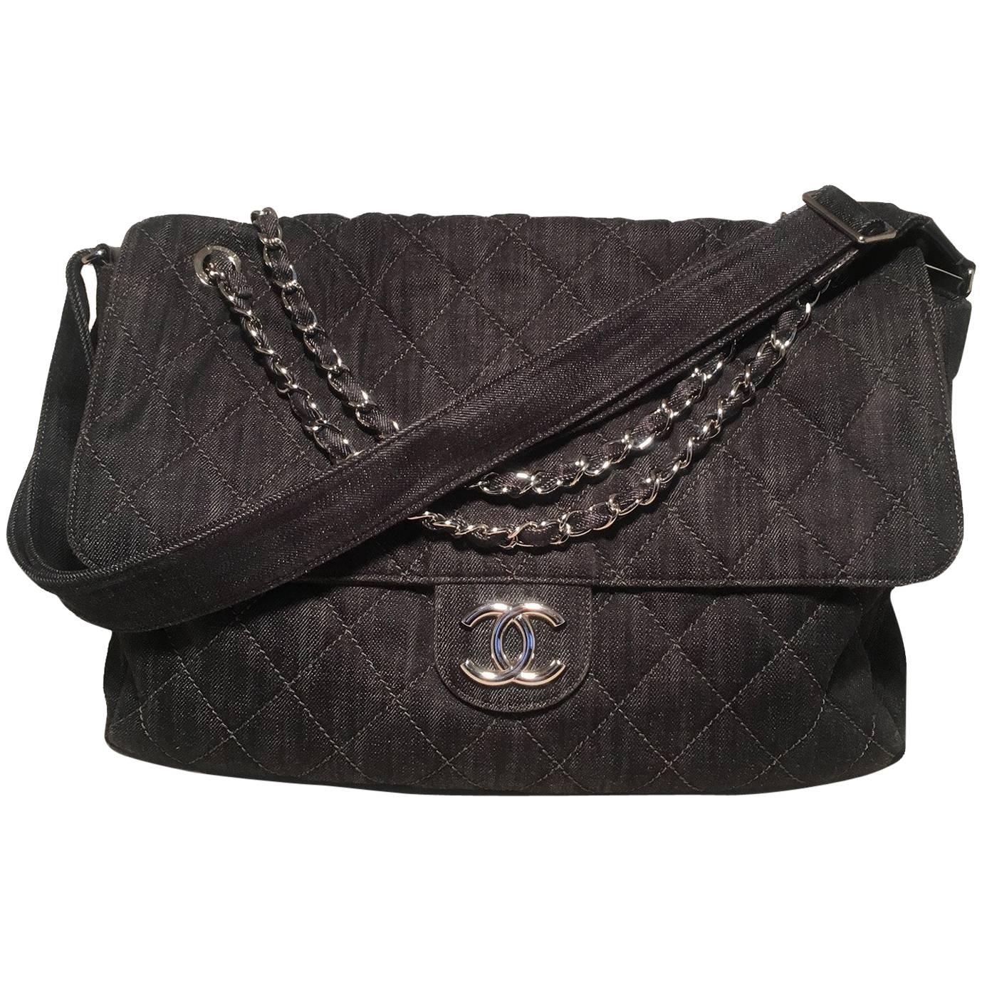 Chanel Denim Quilted XL Classic Messenger Flap Shoulder Bag Tote For Sale  at 1stDibs