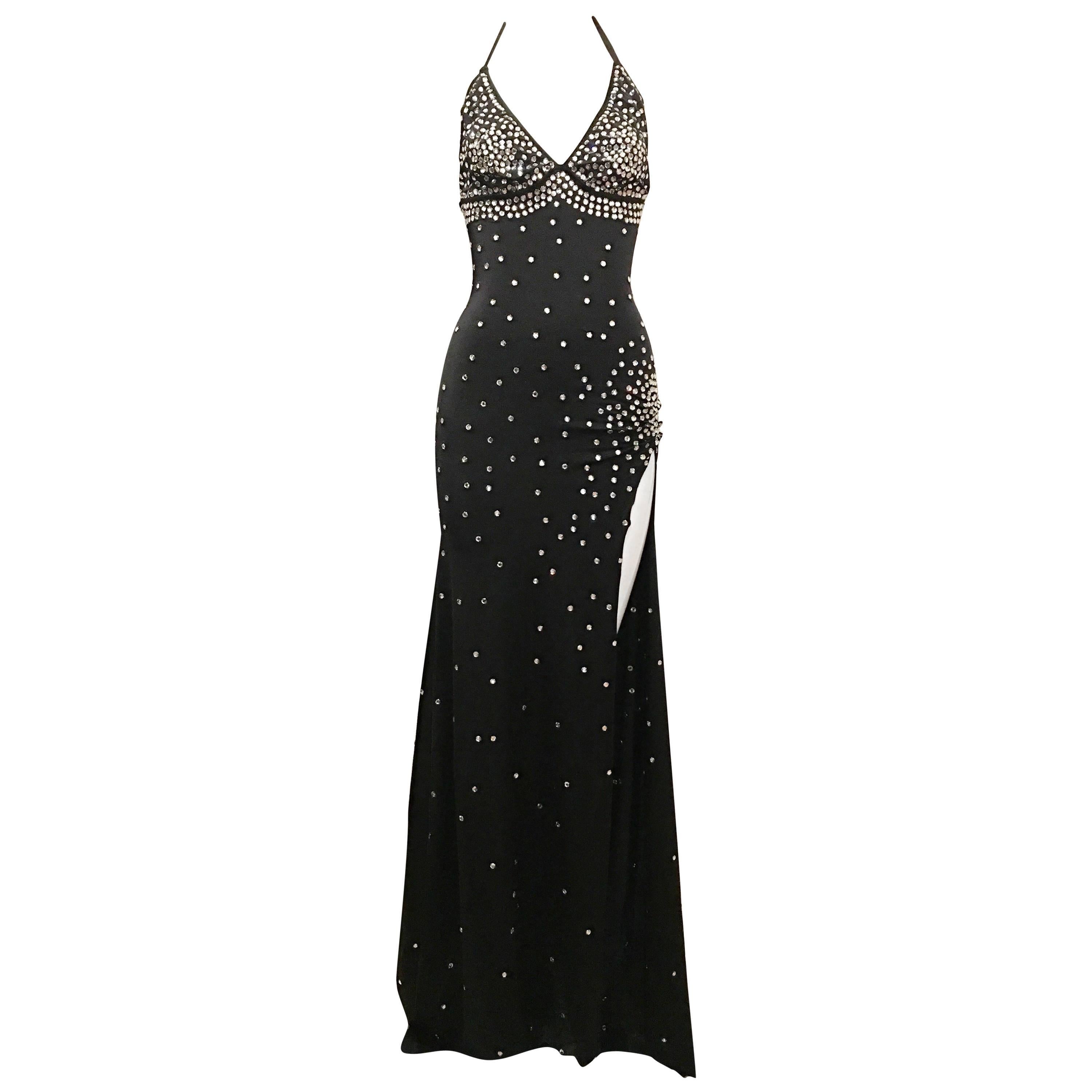 Black Full Length Rhinestone Embellished Halter Dress, 1990s  For Sale