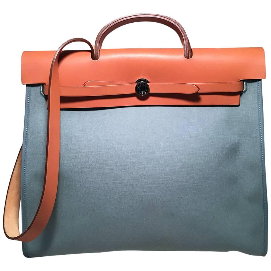 Hermes Blue Canvas Toile Herbag Tote For Sale