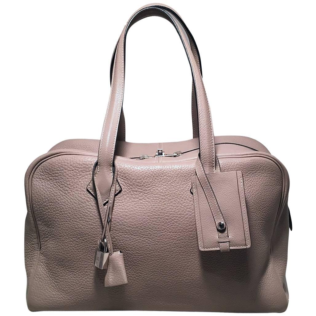 Hermes Grey Clemence Leather Victoria II Travel Tote Bag For Sale at